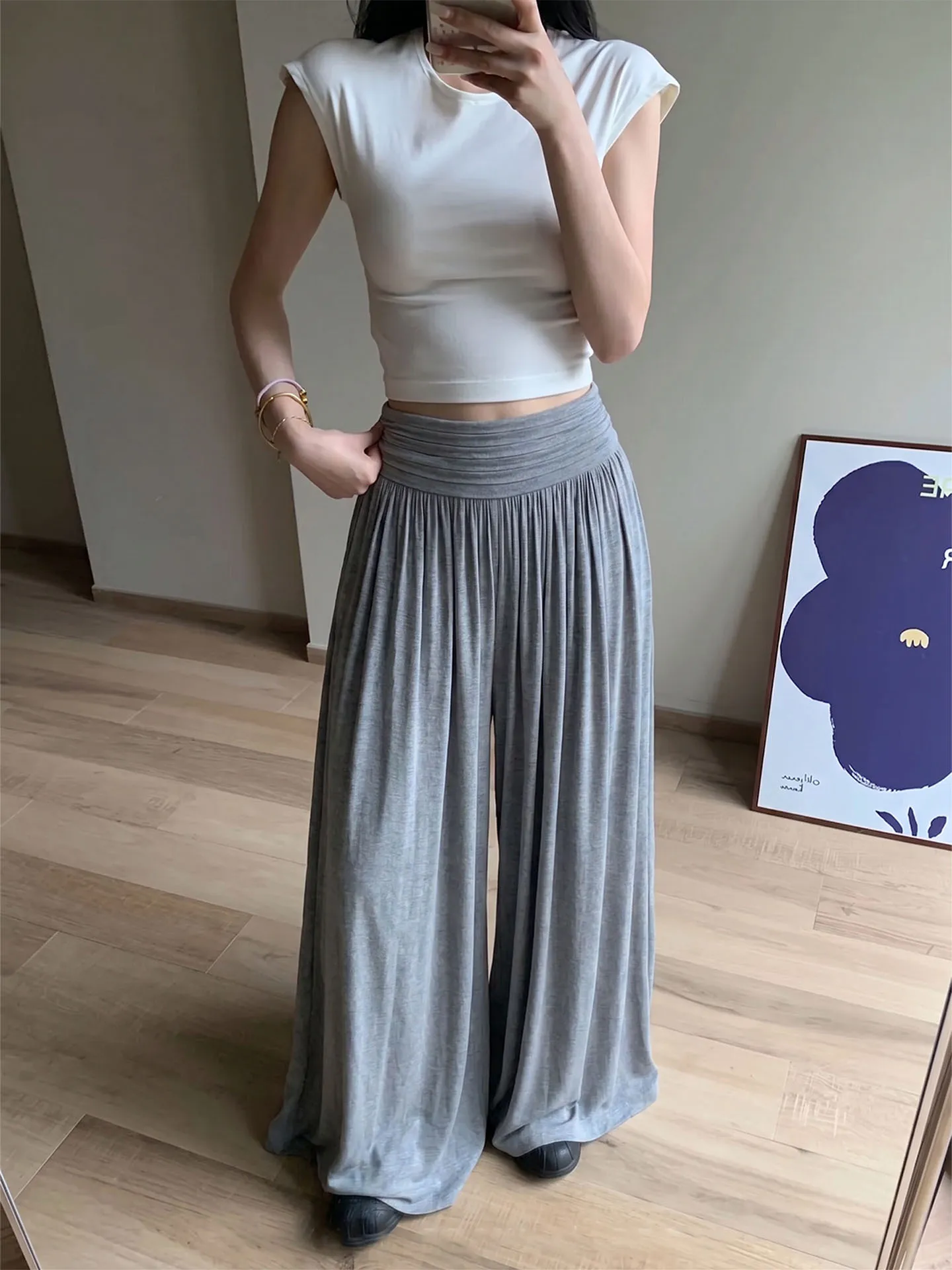 Gray Wide Leg Pants Women's Summer Thin Casual Stroll Pants High Waist Straight Tube Loose Fit Comfortable Breathable Casual ...
