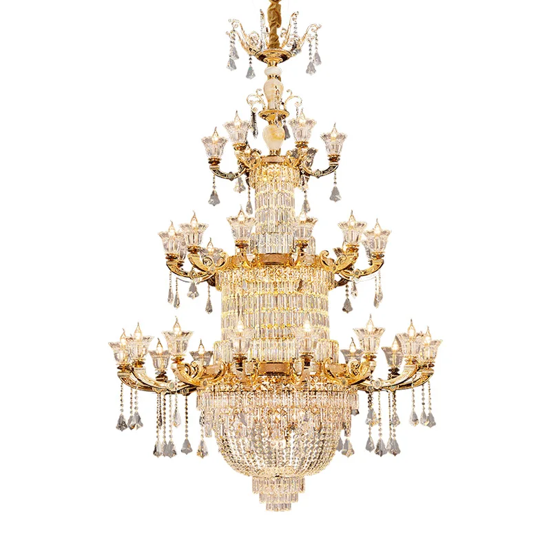 

French Classic Brass Chandelier Hall Banquet Hall Duplex Copper Lamp European Luxury Crystal Glass Pendant Light