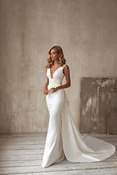 Elegant White Women Wedding Dress Sexy V Neck Mermaid Bridsmaid Party Dress Fashion Slim Sleeveless Floor Length Vestidos Robes