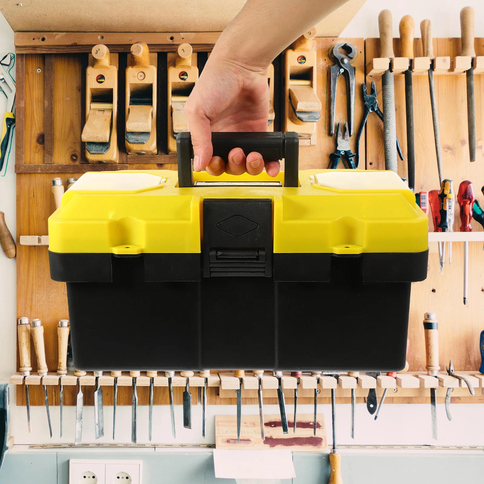 

Mechanics Tool Box Plastic Heavy Duty Waterproof Portable Storage with Detachable Organizer for Power Hand Tools Electrician