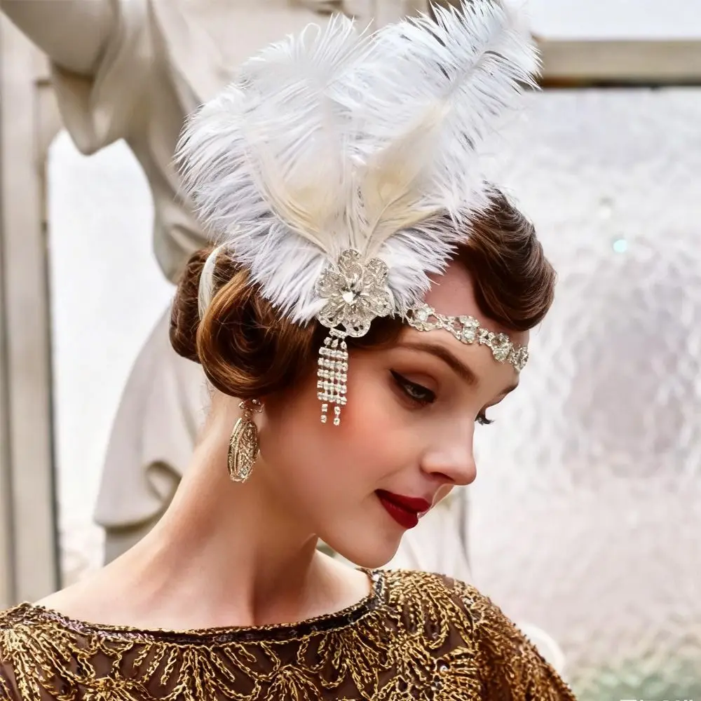 Vintage Feather Headband Sequin Crystal Cosplay Dress Headwear Makeup Party Tassel 1920s Hair Accessories Bridal Headdress