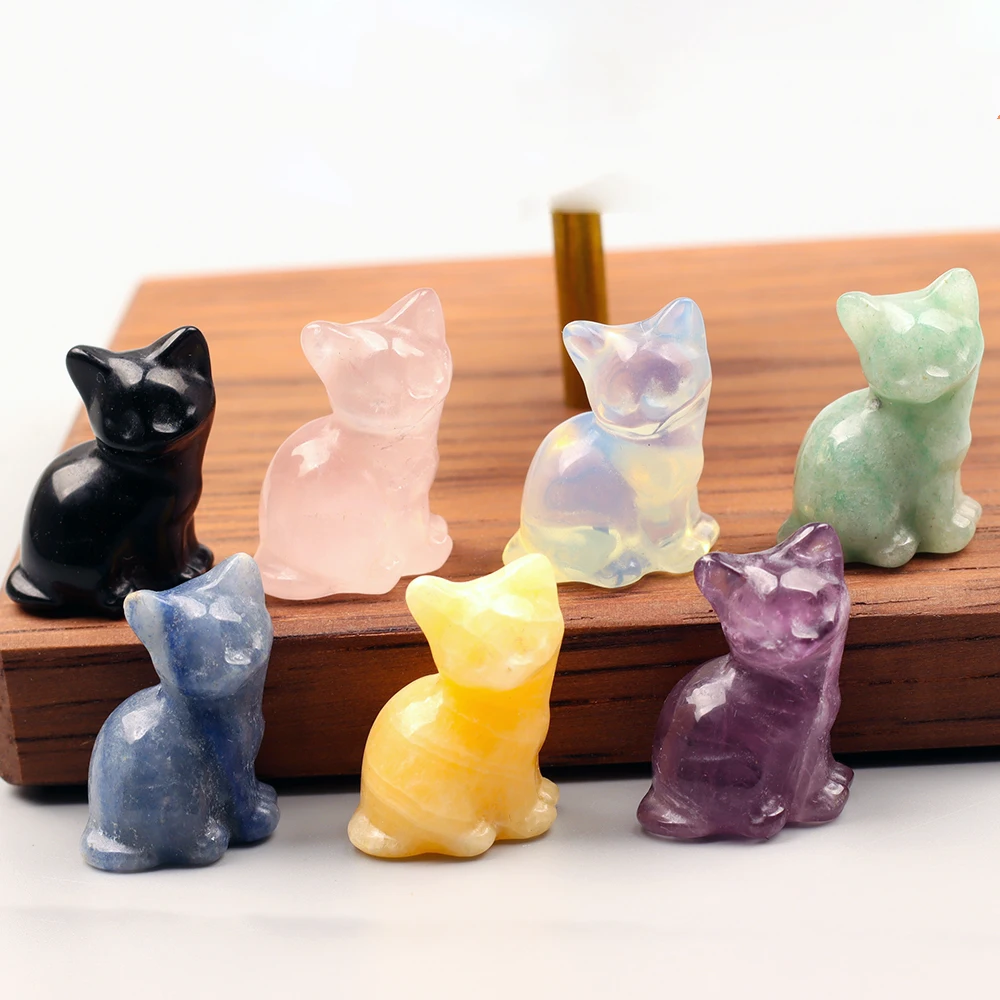 Hand Carved Fortune Cat Figurine 1 Inch Natural Stone Jade Quartz Amethyst Wild Animal Mini Statue for Home Decor