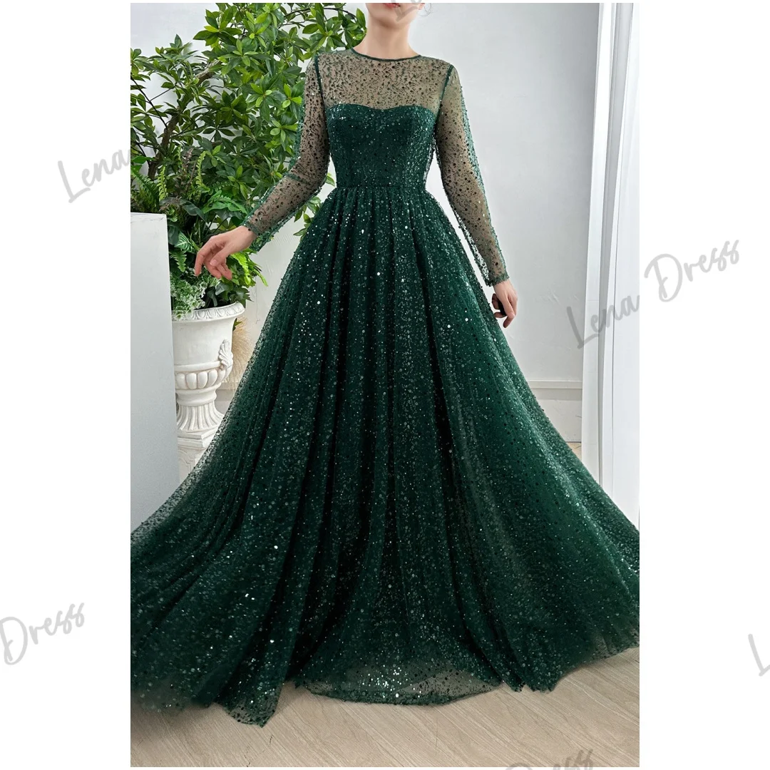 Lena Evening Dresses Woman Elegant Party Dresses for Wedding Night Long Sleeves Round Neck Green Beaded Lace Line A Gala Dress