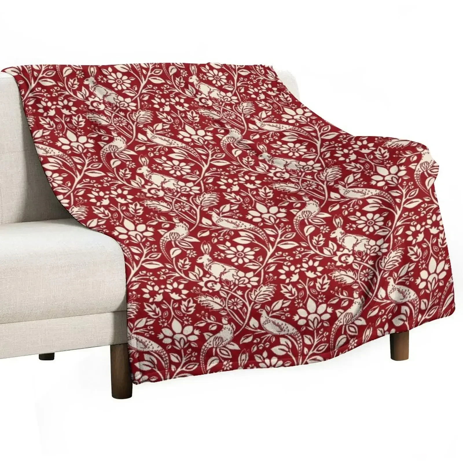Pheasant and Hare Pattern, Deep Red and Cream Throw Blanket Moving Baby Nap Personalized Gift Custom Blankets
