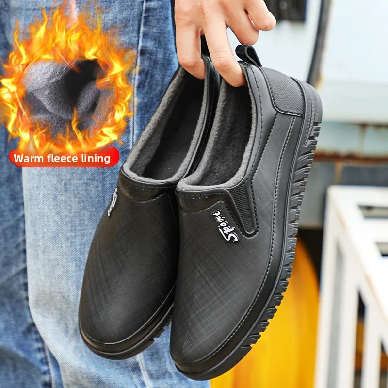 Low-Top Men's Rain Boots Fashionable Fleece-Lined Anti-Slip Wear-Resistant Kitchen Work Plastic Shoes Waterproof Boots