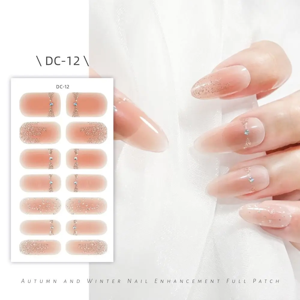 14 Strips Semi Cured Gel Nail Stickers Full Cover French Nail Art Gel Nail Polish Strips Floristic Glittering Nail Art Stickers