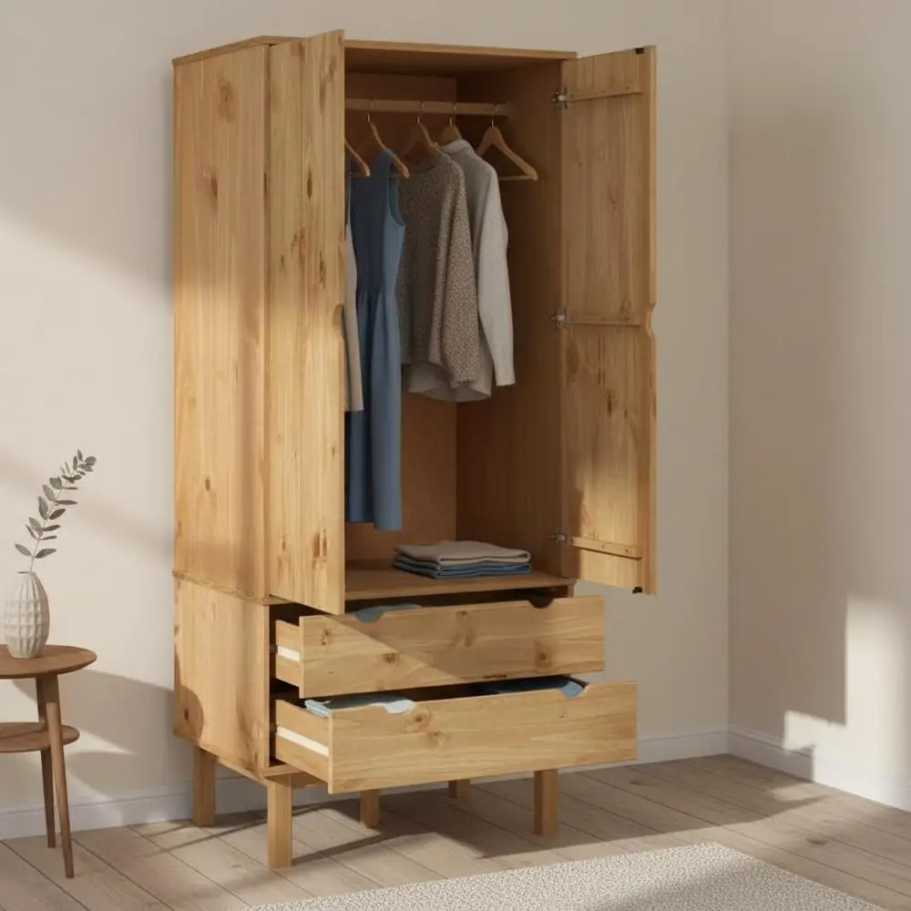 Armoire en bois de pin massif, placard de style scandinave avec 2 tiroirs et porte, armoire de rangement de grande capacité pour chambre à coucher, salon, finition naturelle, 76,5x53x172 cm