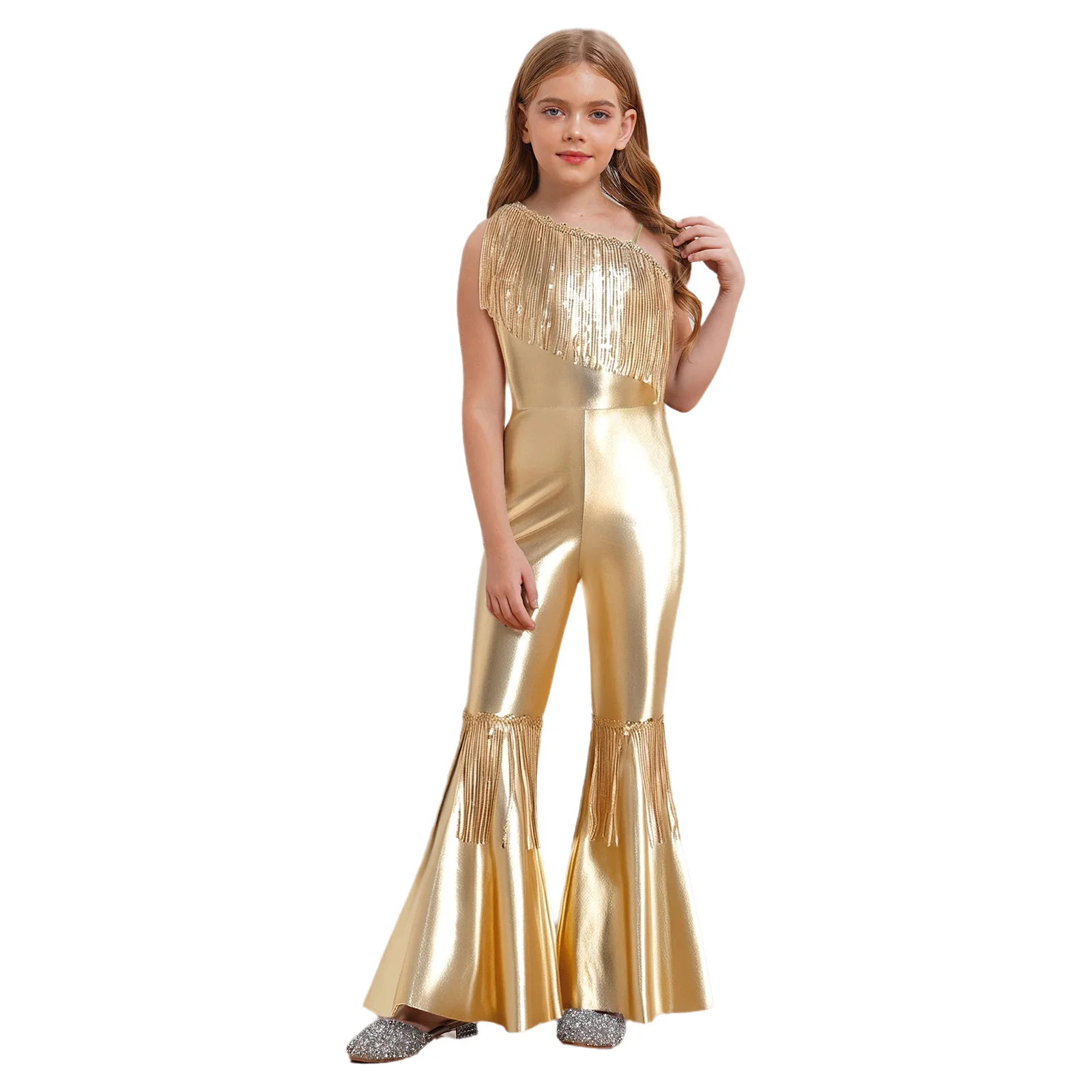 

Kids Girls Off-shoulder Sparkly Disco Jazz Tango Dance Outfits Sequin Tassels Flared Jumpsuit for Pageant Birthday Party Shows