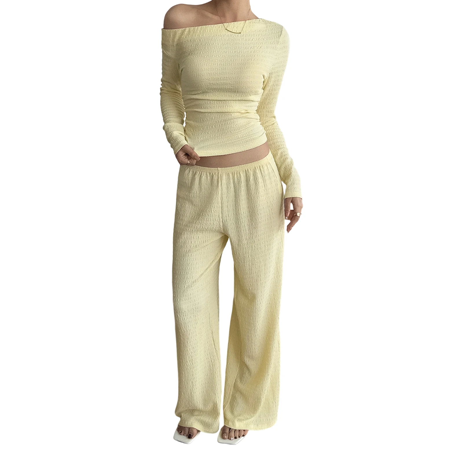 

Women's 2 Pieces Outfits Off the Shoulder Long Sleeve Ruched Tops and Wide Leg Pants Set