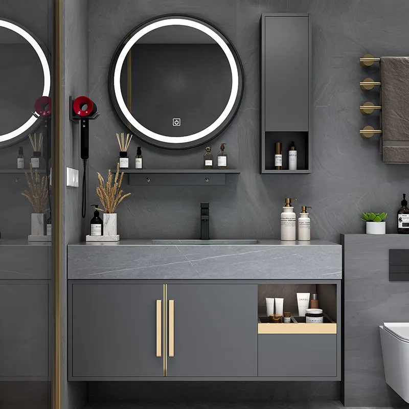 Rock slab integrated light luxury bathroom cabinet combination simple modern bathroom washstand mirror cabinet