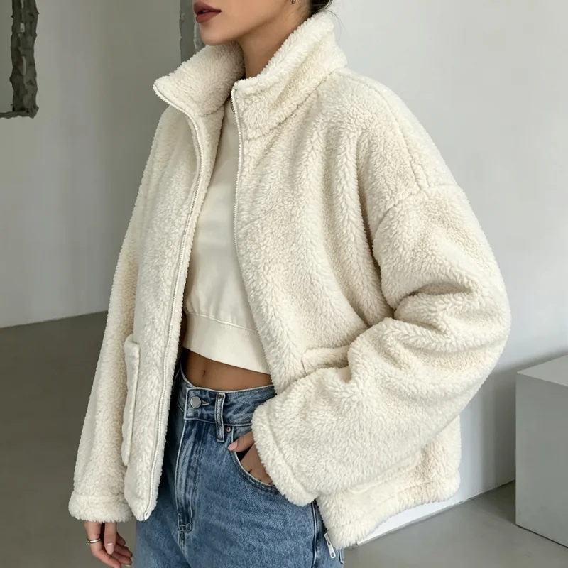 Women Sherpa Jacket Stand Collar Full Zip Fleece Coat With Pockets Loose Fit Warm Teddy Outwear Casual Winter Daily Streetwear