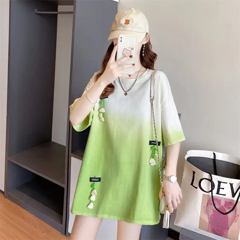 2023 Summer Korean Version Loose Casual Oversize Belly Covering Mid Length Heavy Duty Tie Dyed Round Neck Short Sleeved T-shirt