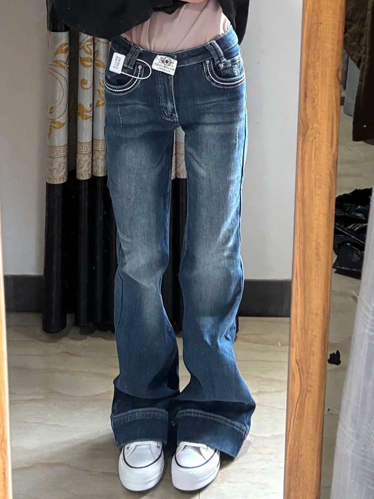 

Темно-синие широкие джинсы с низкой талией, женские высокие размеры, зимние новые брюки в американском стиле Lazy Sle длиной до пола, сексуальные брюки