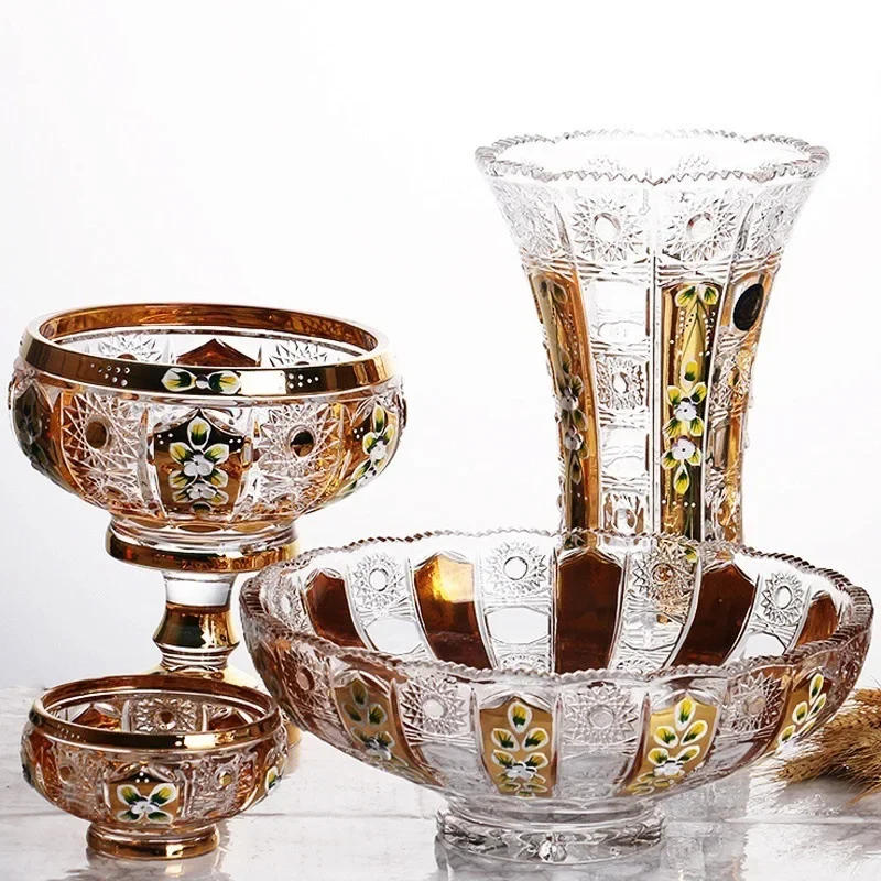 Czech craft enamel flower crystal glass fruit plate fruit bucket vase sugar tank dried fruit snack box living room decoration