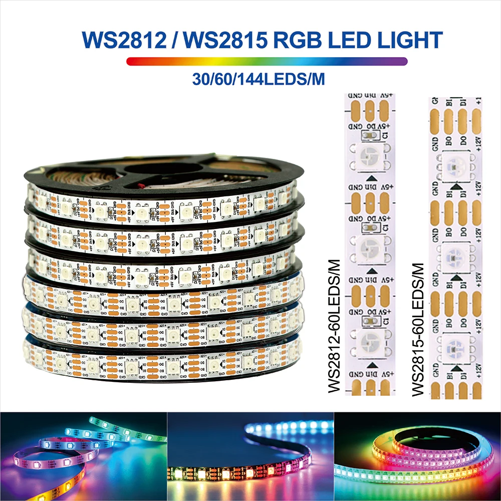WS2815 WS2812B RGB LED Strip DC12V DC5V Individually Addressable 30/60/96/144LEDs/m Black White PCB Pixel Light