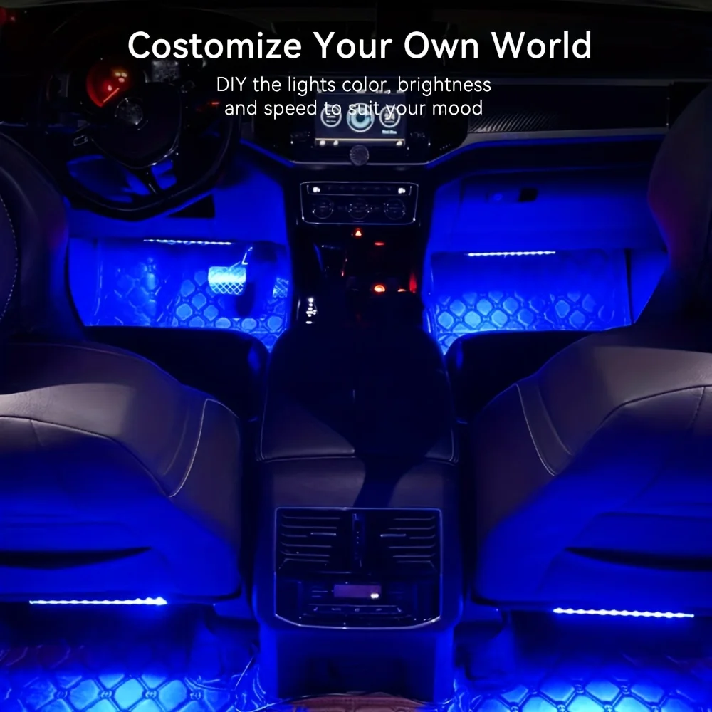 4-teiliges USB-betriebenes 48-LED-Auto-Innenbeleuchtungsset, bunte Fußpedale, Lichter, Musik-Synchronisierte Umgebungsbeleuchtung, Auto-Innenraum