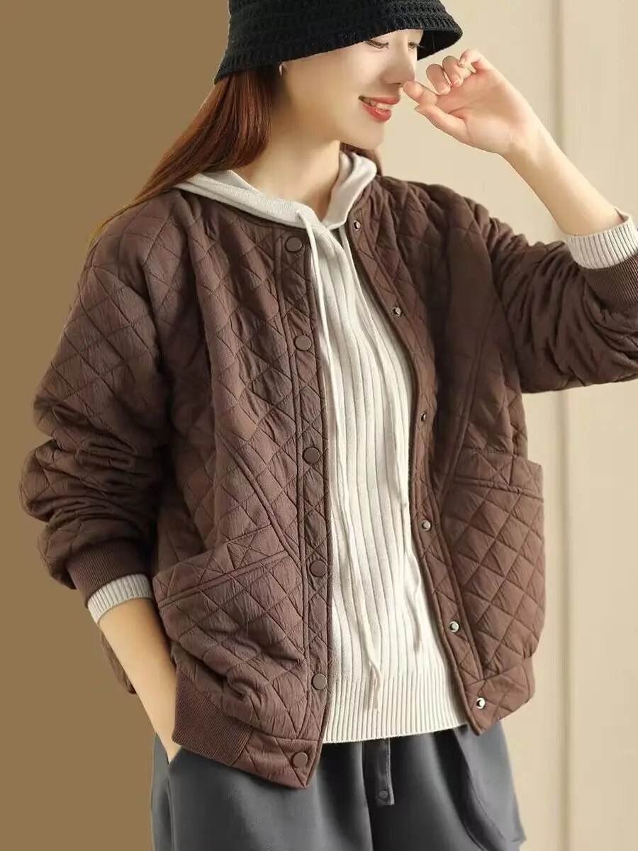 

Autumn Winter Cotton Solid Color Women Baseball Jackets Casual Versatile Pockets Vintage Single-breasted Elegant Female Coats