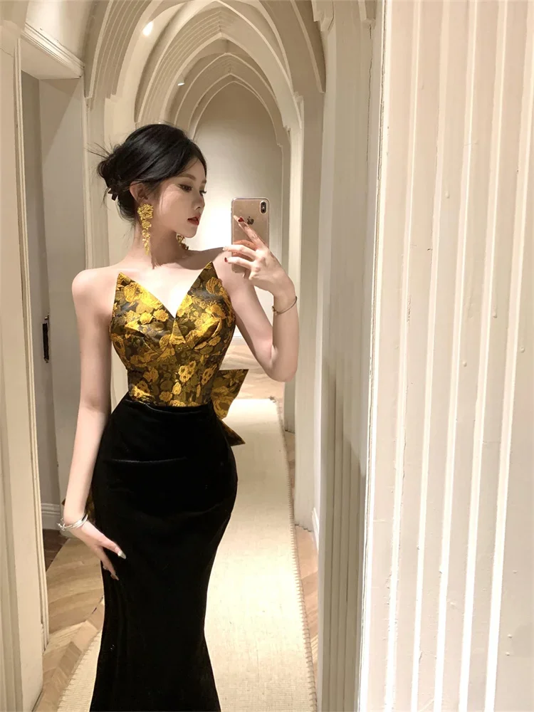 Palace Vintage Party Dress Elegant Ladies Contrast Color Gold Black Long Dresses Gala Bowtie Back Straight Bodycon Evening Dress