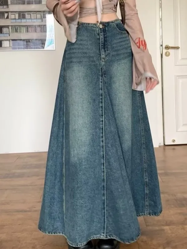 High Waist A-Line Midi Skirt Retro American Style Denim Women's Spring Summer Slimming Half-length Skirts Casual Cotton Skirts