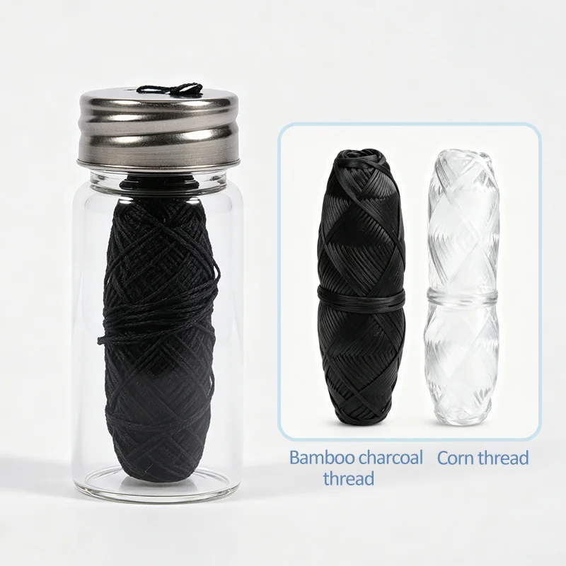 Bamboo Charcoal Dental Floss With Refillable Glass Holder Mint Flavored Tiny Floss (Black,White)