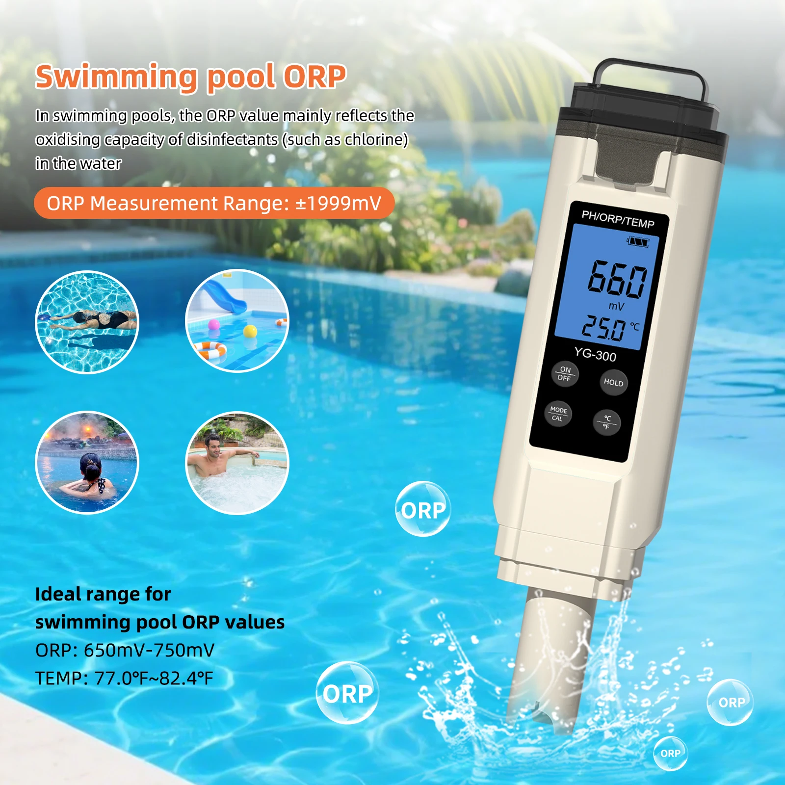 Yieryi Digitales 3-in-1 PH/ORP/Temperaturmessgerät ±1200 mV Redox-Tester Trinkwasserqualitätsanalysator für Aquarium, Pool, Hydrokultur, Spa