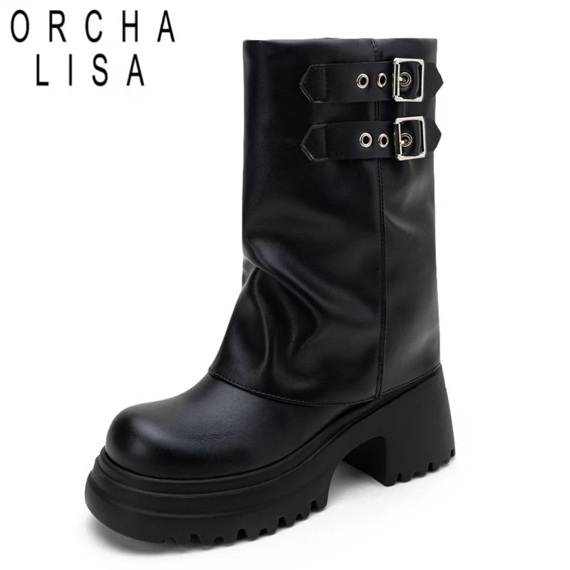 

ORCHA LISA 2025 Fashion Female Mid Calf Boots Round Toe Block Heels 7.5cm Slip On Belt Buckles Plus Size 43 44 45 Dating Booties