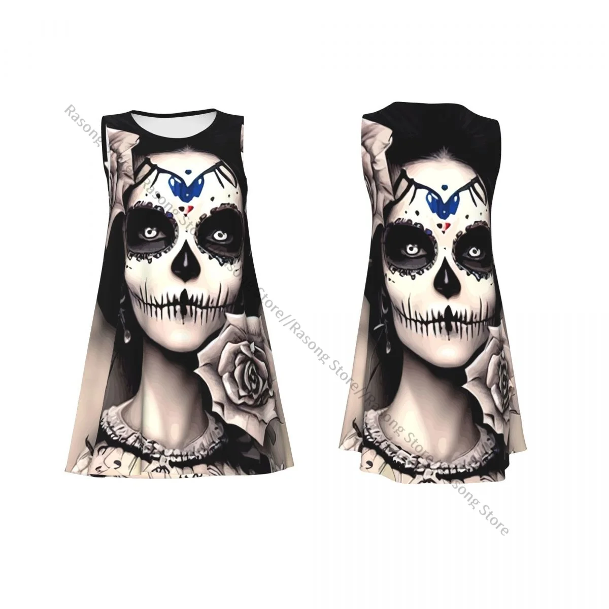 Damenkleid Mexiko Totenkopf Frau Vintage Stil Sommer Casual T-Shirt Strand Cover Up Tank Kleid