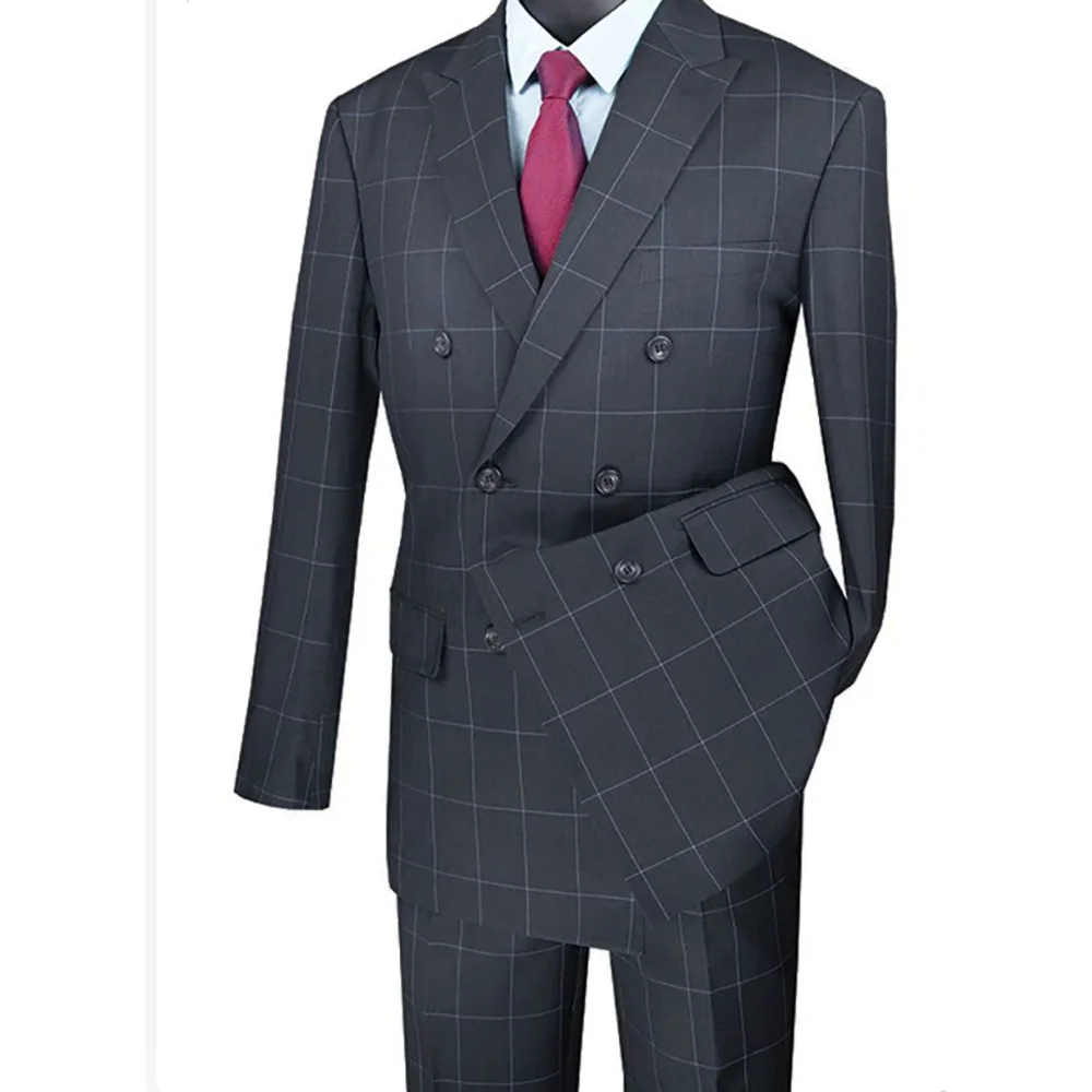 

Black Plaid Men's Suits Double Breasted Two Piecs Jacket Pants Business Work Commute Formal Clothing