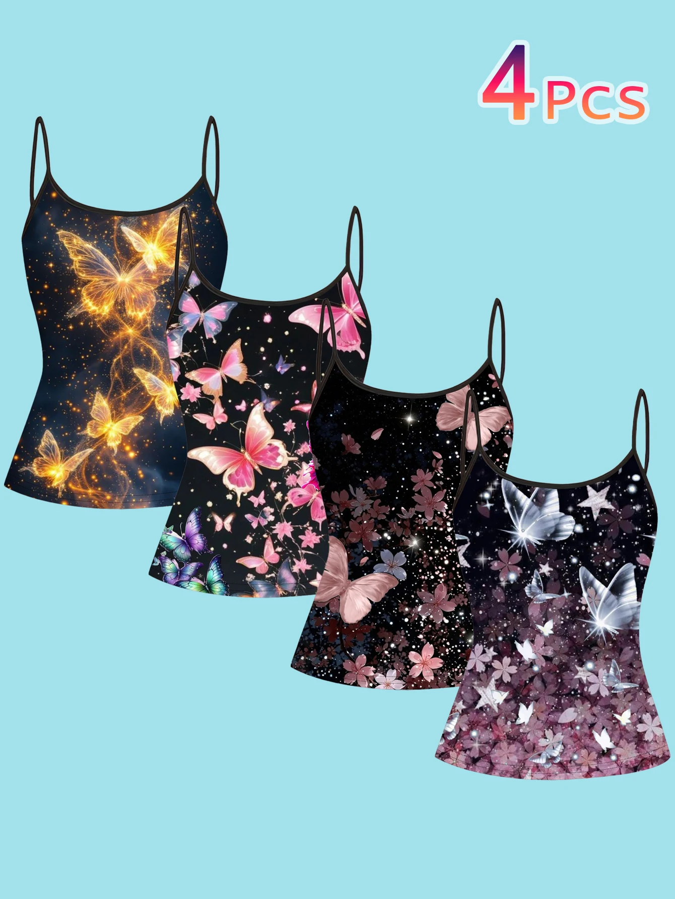 4-Piece Set of Dark Starry Sky Luminous Butterfly Petal Glitter Print Camisole for Women, Gothic Fairy Style Thin Strap Waist-Cinching Slim-Fit Base Top Camisole