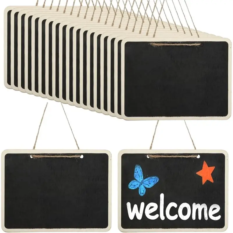 AT82-Pack Of 20 16 X 12 Cm,Double-Sided Chalkboards, Blackboard With Wooden Frame- For Hanging Design Featuring String
