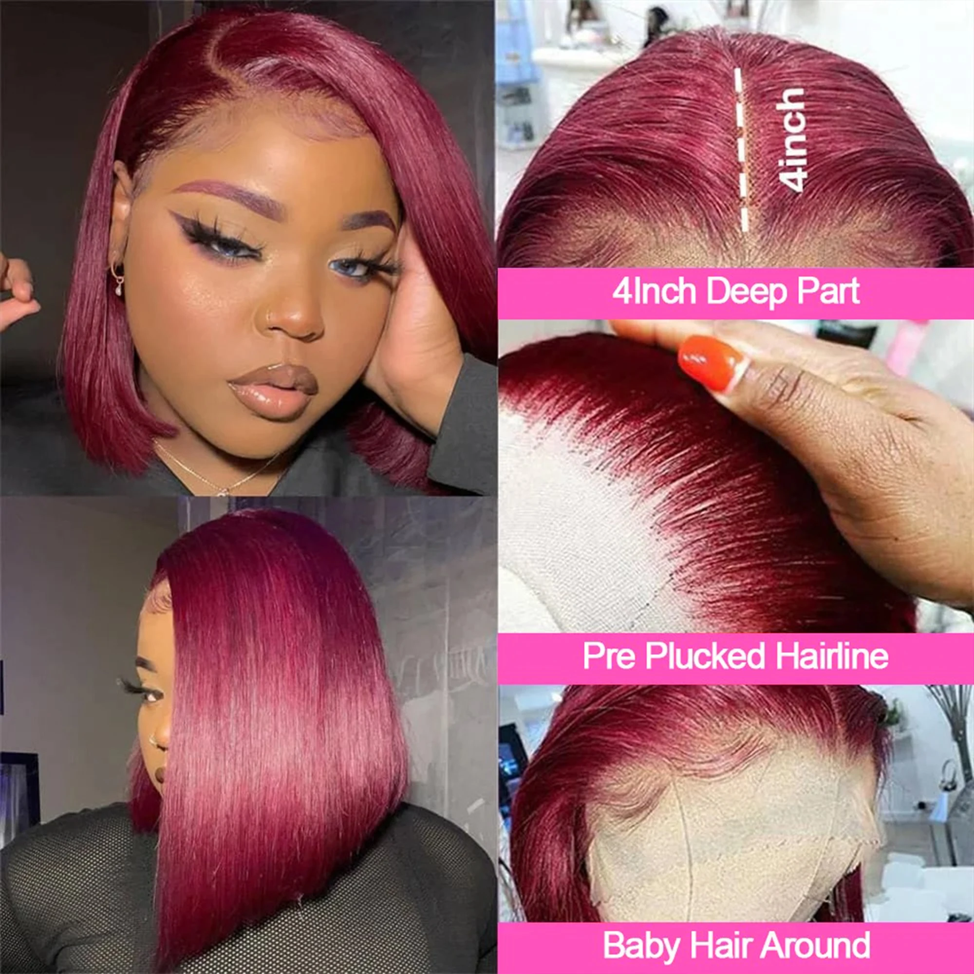 99J Burgundy Bob Wig 13x4 Lace Front Short Wigs 200nsity Straight HD Transparen… - Image 2