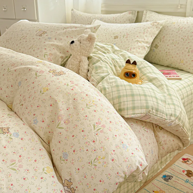 

Комплект постельного белья с мультяшным животным принтом, 4 шт., 100% хлопок, пододеяльник со звездами и кроликом для девочек, предметы первой необходимости для спальни, общежития, пододеяльник
