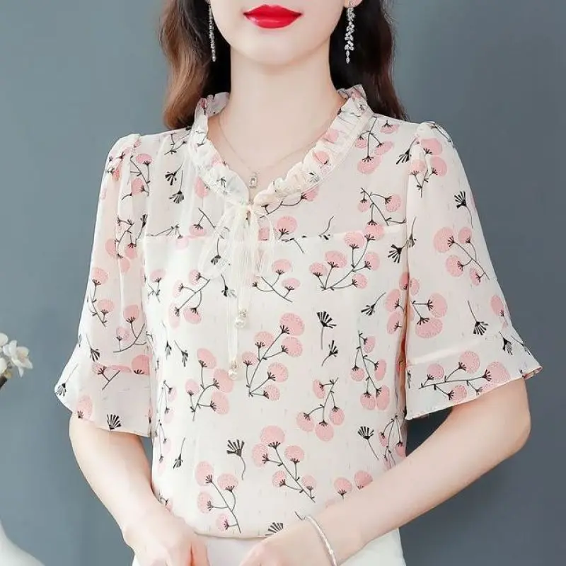 Women Summer Fashion Elegant Loose Printing O-neck Short Sleeve Chiffon Shirts Women Clothes Casual All-match Appear Thin Tops