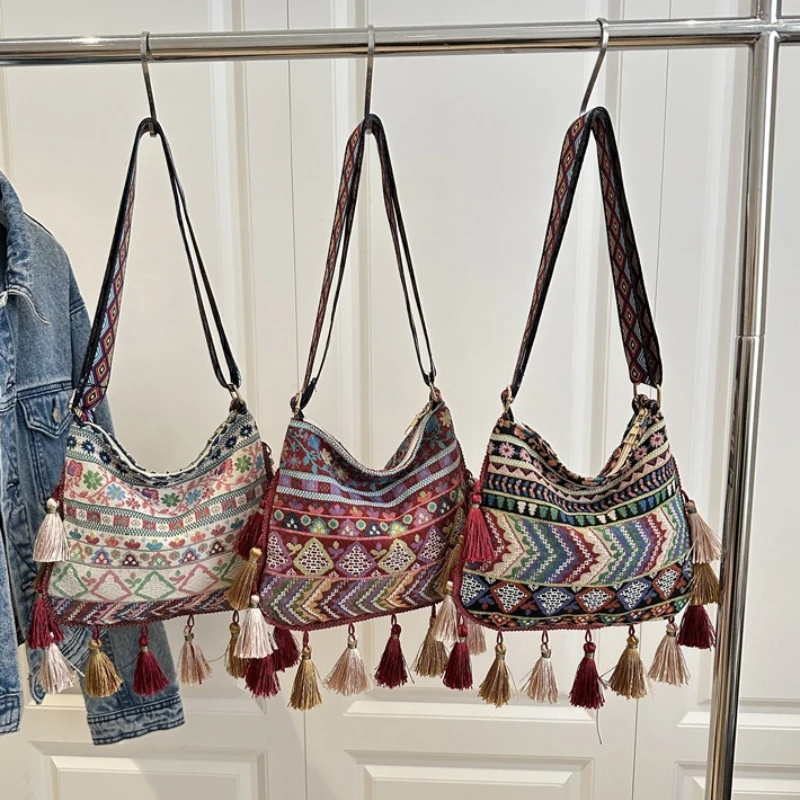 Bohemian Ethnic Pattern Tassel Crossbody Bag for Women,Wide Printed Shoulder Strap, Vintage Folk Style Shoulder Purse for Travel view 6