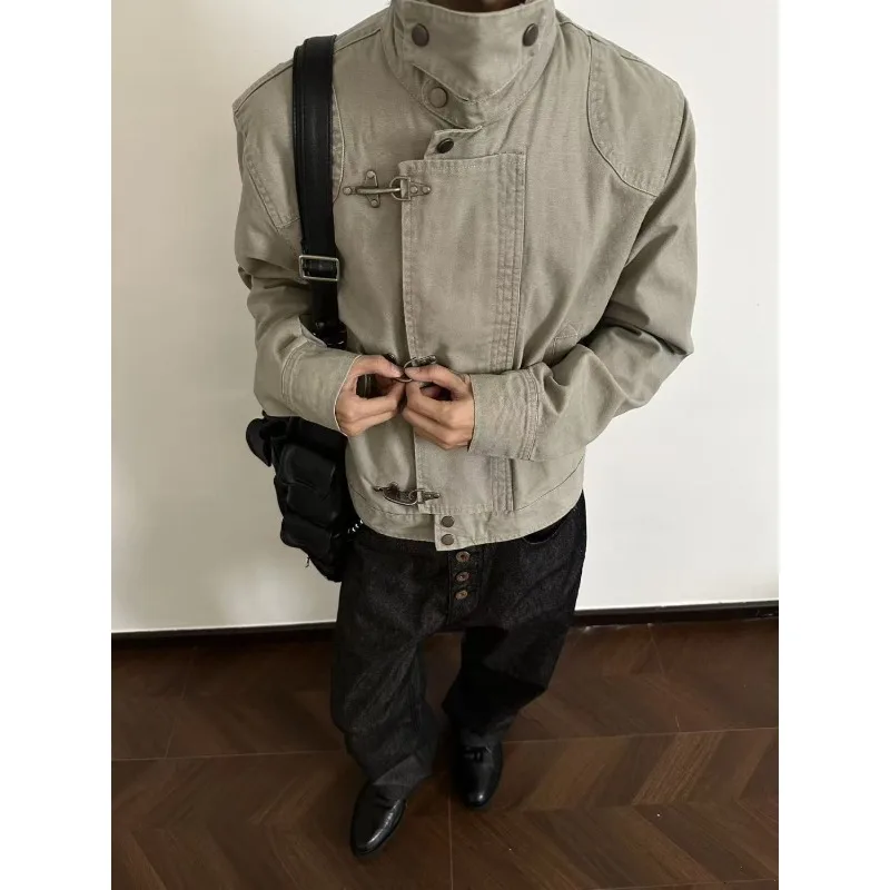 سترة Harajuku للرجال بياقة مقلوبة، معطف عمل قصير أمريكي عتيق، ملابس خريفية غير رسمية فضفاضة، ملابس خارجية عصرية #3