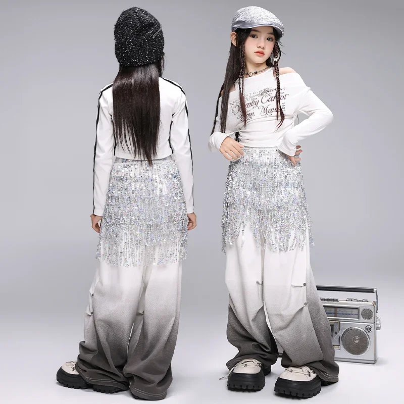 女の子 K-ポップクロップトップスパンコールジョガーパンツガールグループ服セット子供ジャズストリートダンス衣装子供ヒップホップストリート