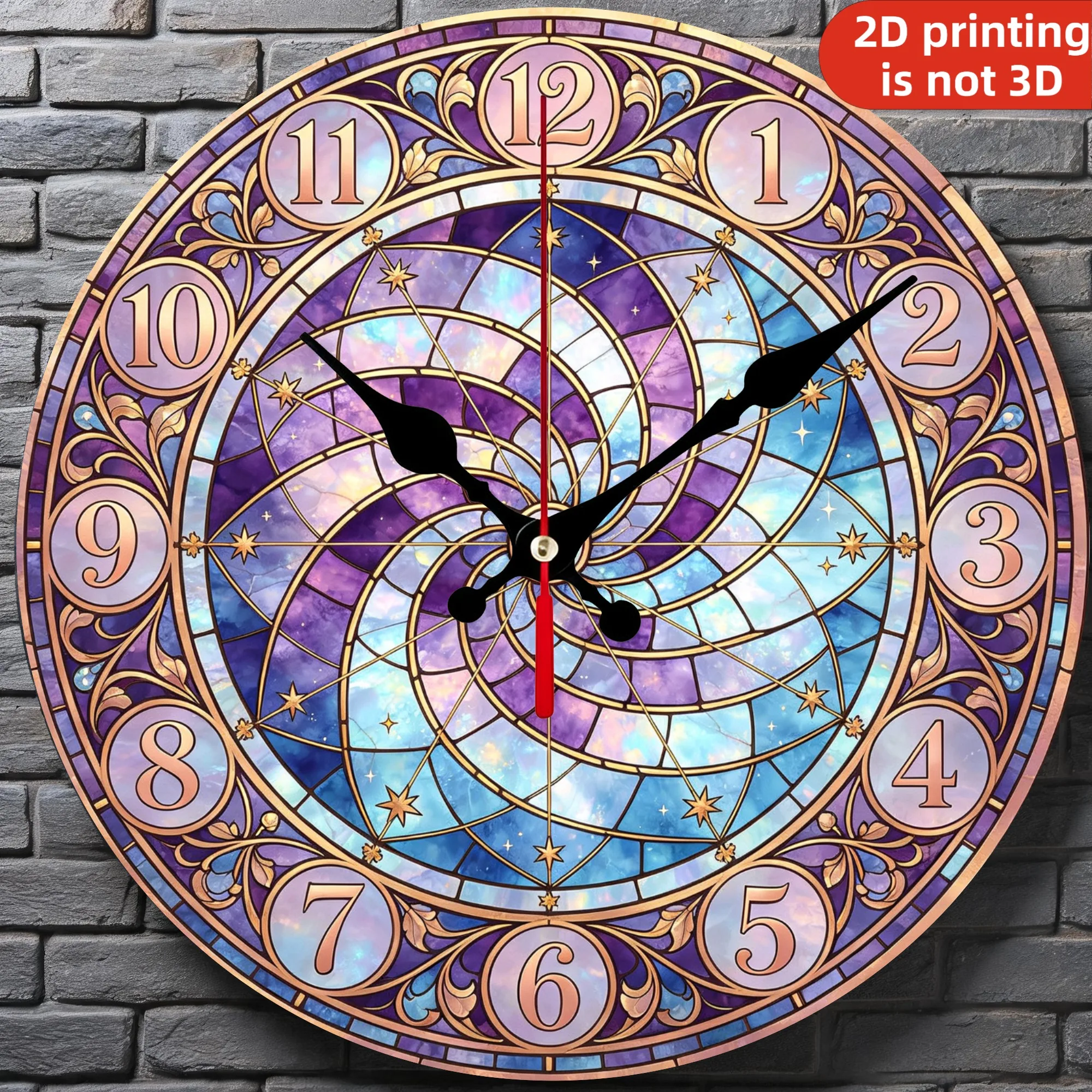 Purple Stained Glass Cosmic Spiral Wooden Wall Clock, 10/12 Inch Round Wood Clock, Silent Non Ticking Quartz Movement, Art Nouveau Blue Celestial Printed Home Decor