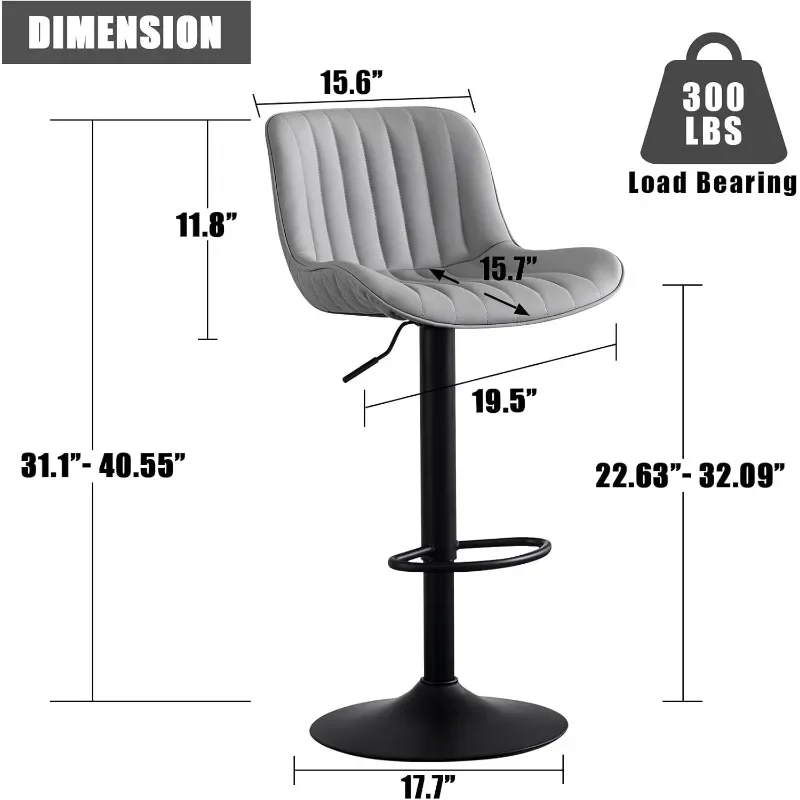 Bar Stools Set of 2 Grey Swivel Adjustable Barstools with Back Upholstered Modern Leather Counter Stools Armless Tall Chair