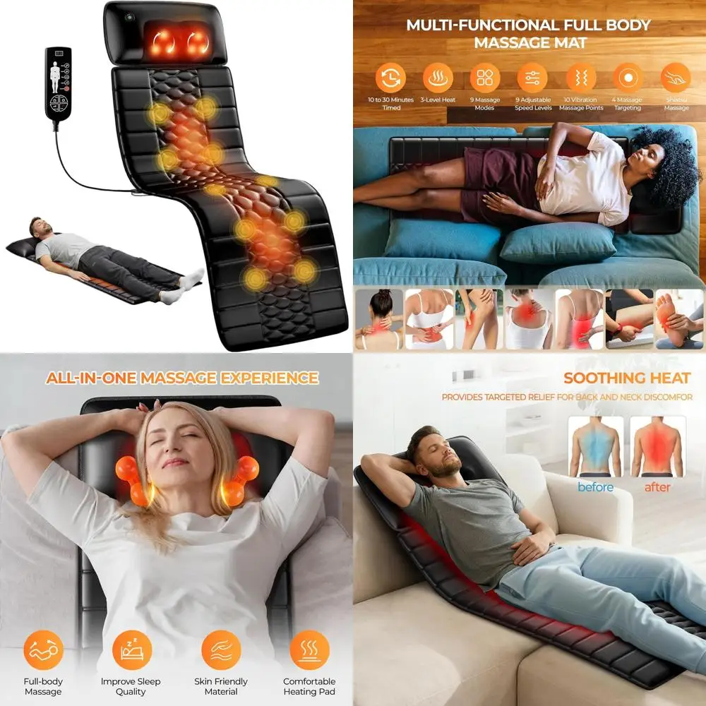 

Full-Body Shiatsu Massage Mat with Heat, Detachable Pad, 10 Motors, 9 Intensity Levels for Pain Relief and Relaxation