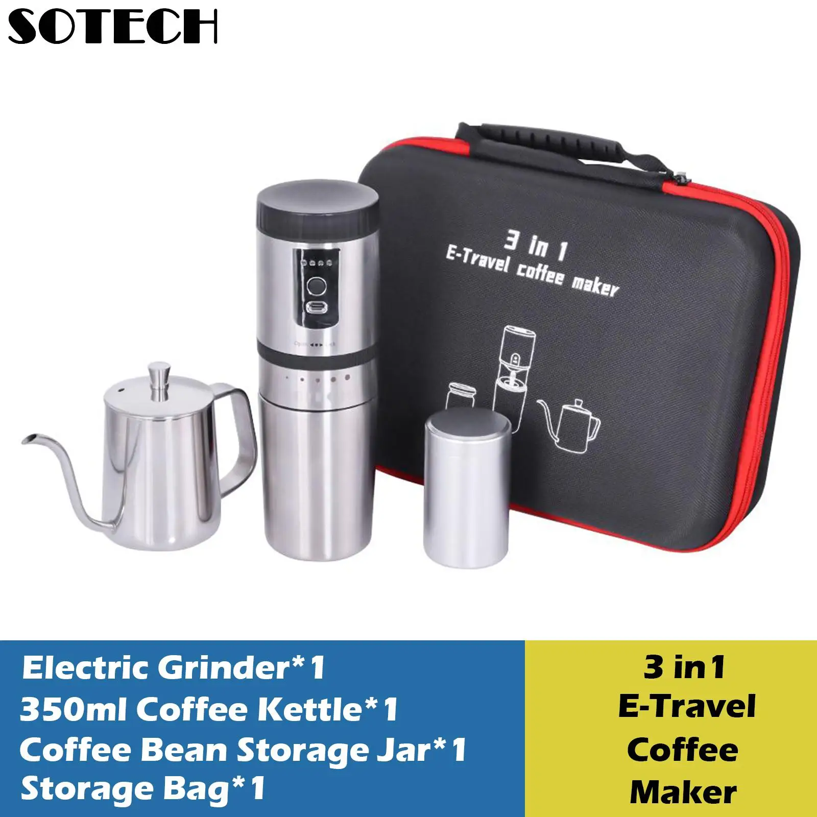 

Электронная кофеварка 3 в 1, набор для домашнего и улицы с электрической кофемолкой из нержавеющей стали, стальной чайник, упаковочная сумка