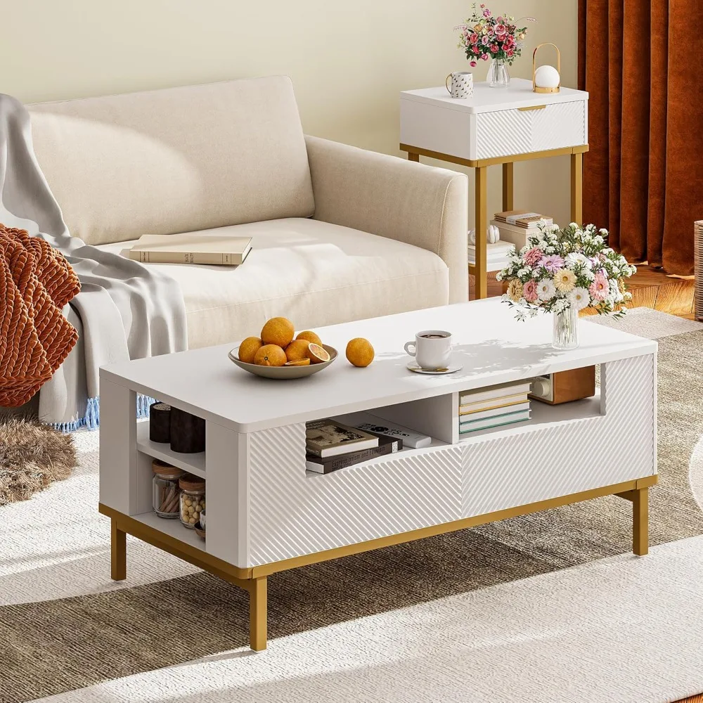

Coffee Table for Living Room, Mid-Century Modern Living Room Table with 2 Drawers, Multi-Function Coffee Tables with Storage