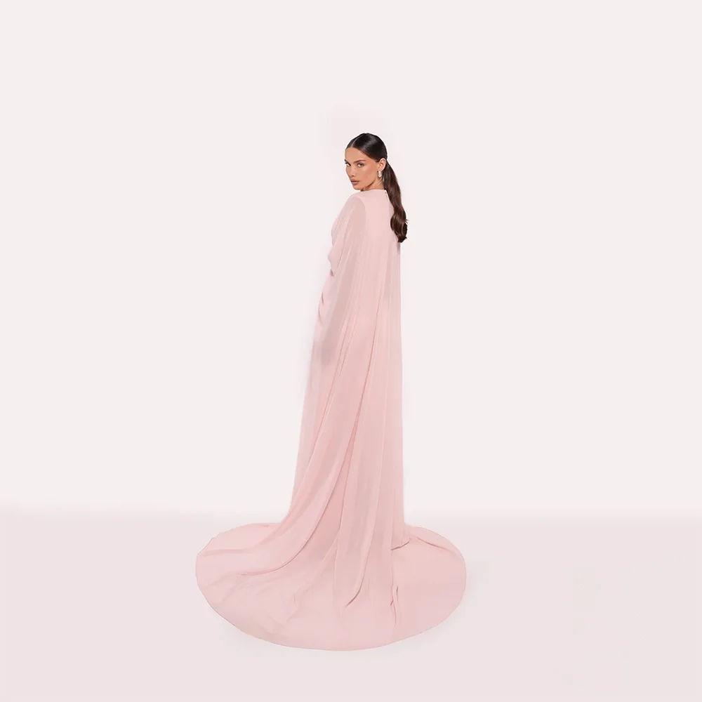 

Pink Long Evening Dresses Mermaid V-Neck Cap Sleeves Chiffon Formal Gowns Draped Sweep Train 2025 Evening Gown Customized