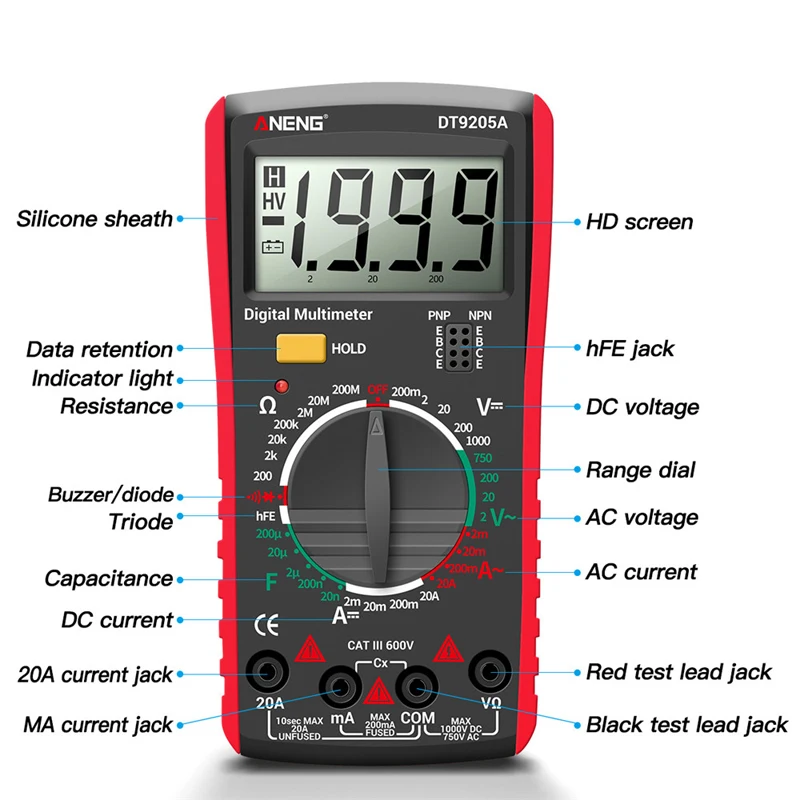 ANENG DT9205A Professional Multimeter True RMS Digital Multimeter AC/DC Current Tester Ohm Capacitor Voltage Meter Detector Tool