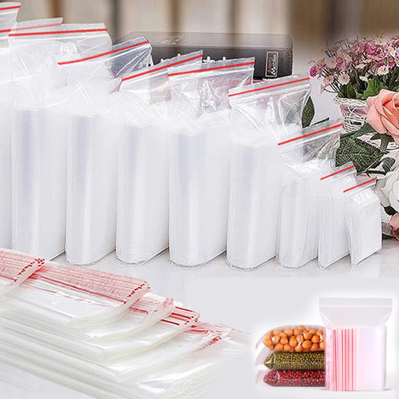 100pcs Resealable Organizer Bags Self Seal Clear Plastic Bag Food Storage Package Reclosable Vacuum Fresh Bag Kitchen Organizer