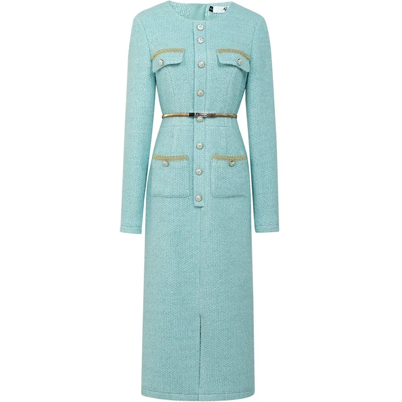 chanel oberlin blue dress Elegant Lake Slim Fit Long Woolen Tweed Waist Cinched Commute Style Mid Length A- Line Skirt Regular Sleeve round Nec GORAIS Women Bolero Shrug Size:38 Regular milo_SPRING25OFF Blue outfit