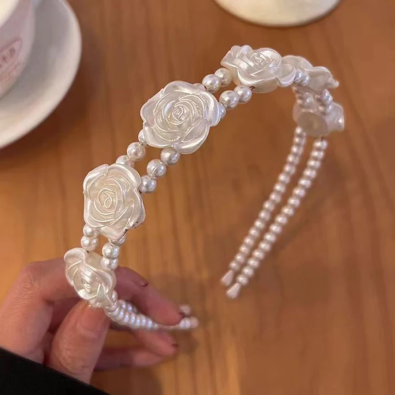 

Elegant Big White Pearl Headbands For Women Girl Simple White Rose Flower Hairbands Wave Retro Hairhoop Headdress Accessories