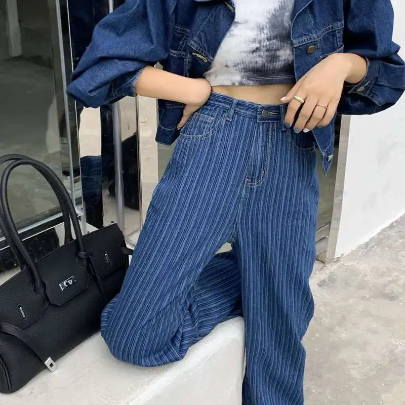 Style Blue Vertical Striped Wide-leg Jeans for Women Spring Autumn High-waisted Straight Loose European American Design Pants