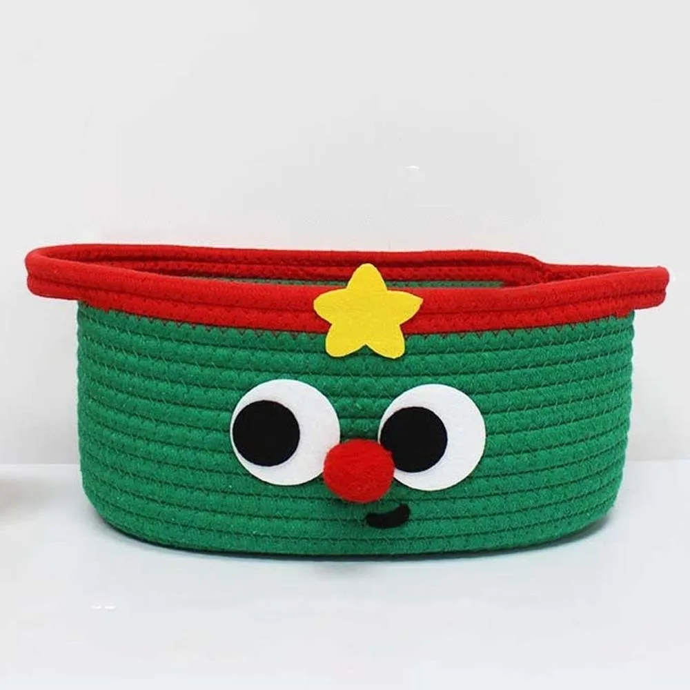 Dual Handles Christmas Woven Basket Braided Texture Cartoon Pattern Holiday Gift Organizer Eco Friendly Soft Structure