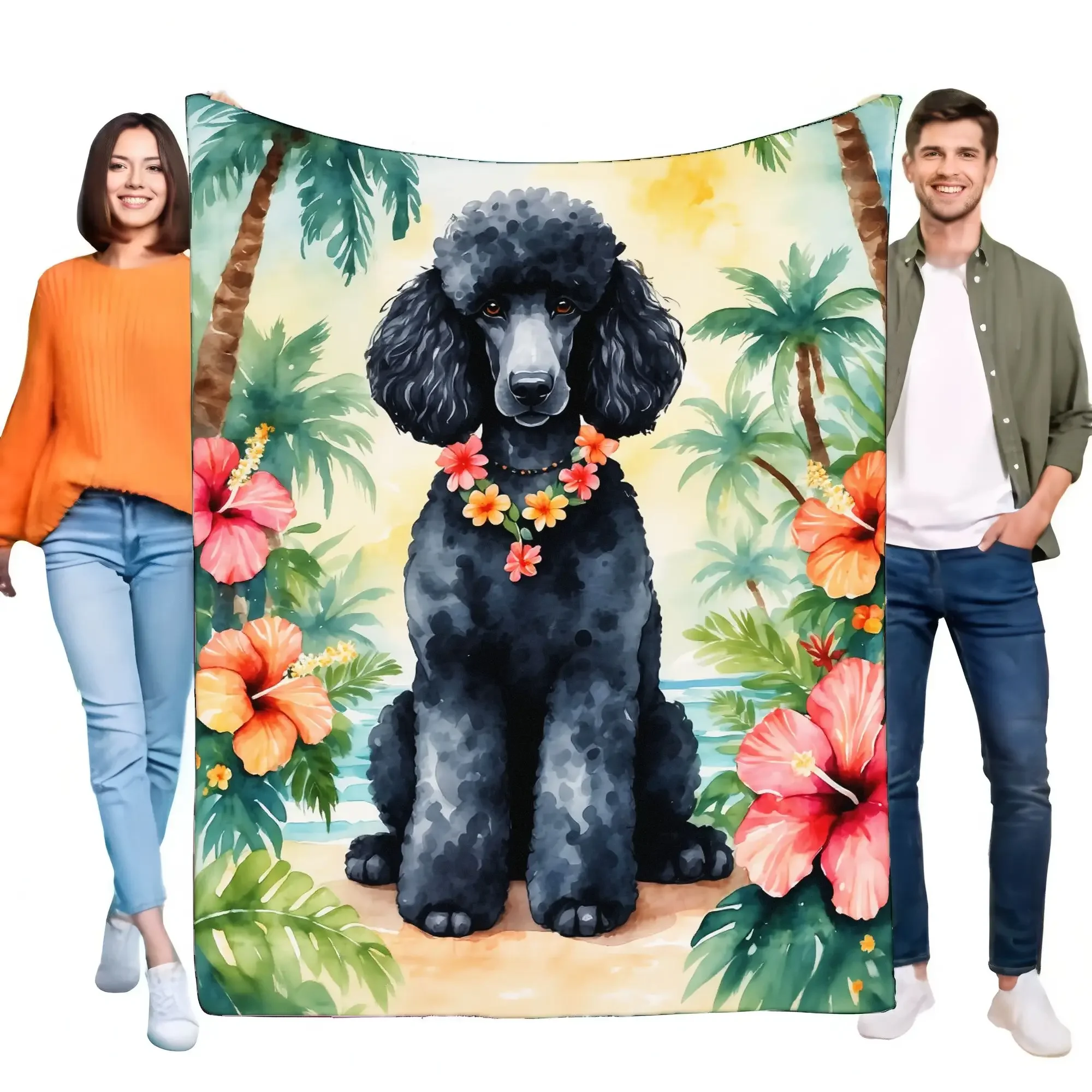 Black Poodle Tropical Blanket Cozy Soft Throw Beach House Decor Lightweight Gift for Pet Lovers and Dog Owners