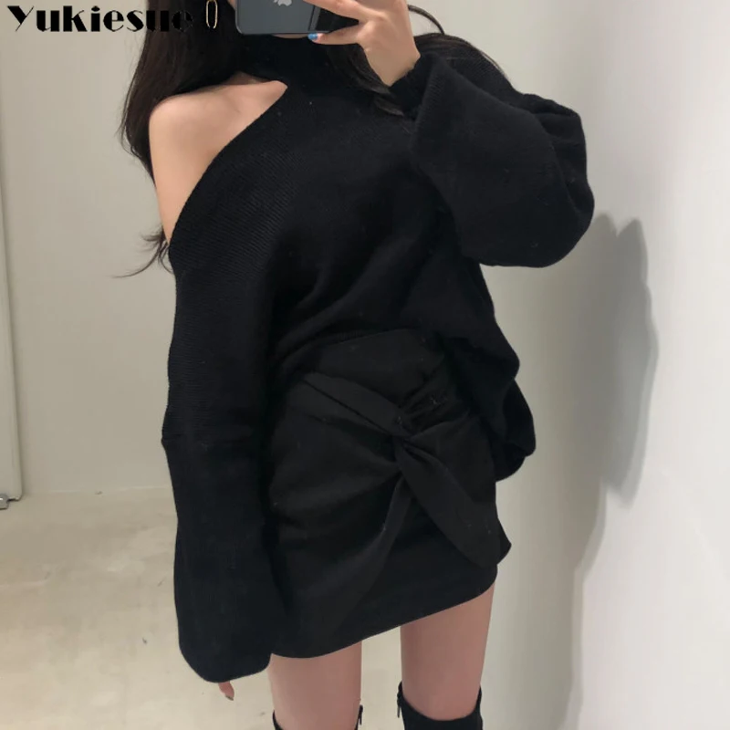 Korean chic temperament Elegant Design thickening Sweater Sexy hollow open one shoulder Turtleneck pullover loose sweater